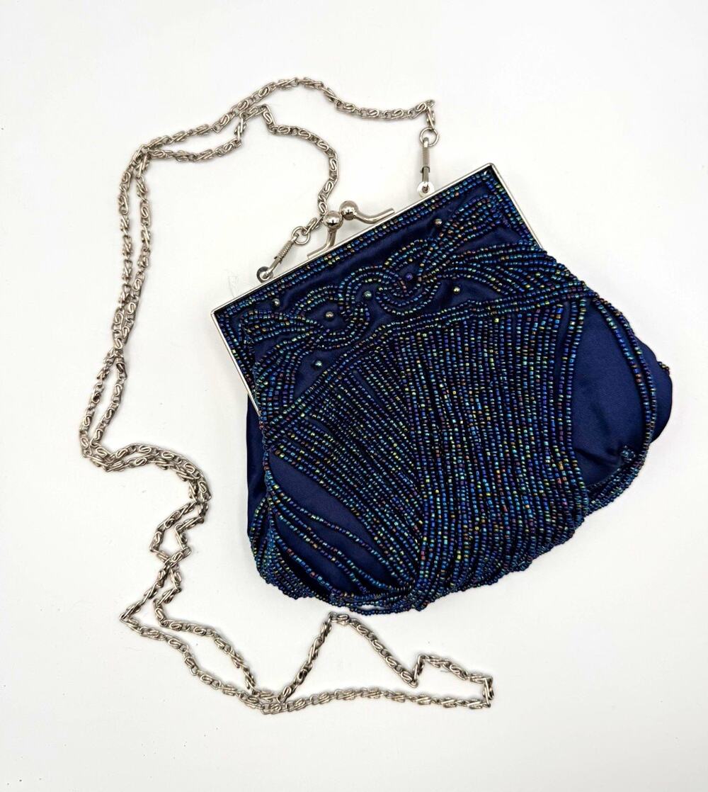 Bijoux Terner Blue Beaded Satin Kiss Lock Shoulder Bag w/ Silver Chain Strap